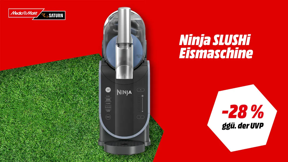 Die Ninja SLUSHi Eismaschine und Hinweis auf 28 Prozent Rabatt ggü. der UVP.