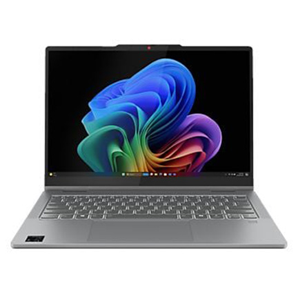 Silberner Laptop mit großem Display und farbenfroher abstrakter Grafik auf dunklem Hintergrund.