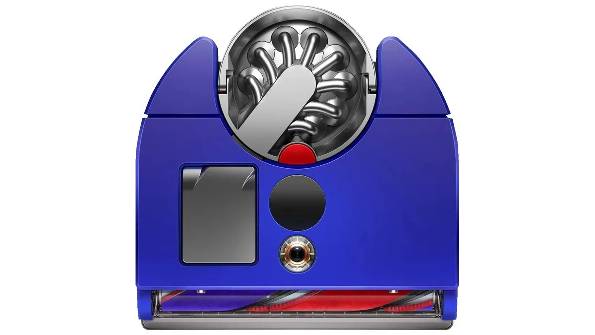 Der Saugroboter Dyson 360 Vis Nav von oben, vor weißem Hintergrund.