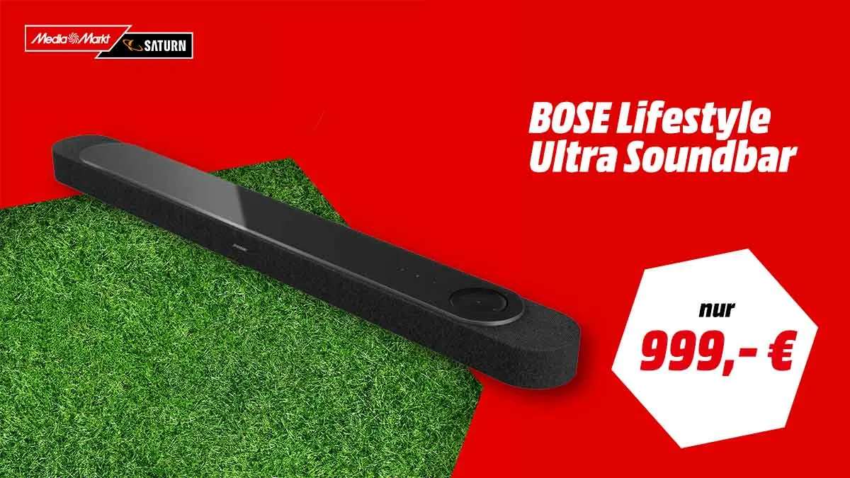Die Bose Lifestyle Ultra Soundbar und Hinweis auf Aktionspreis.