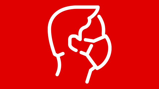 Auf rotem Grund ist eine stilisierte, weiße Zeichnung eines Kopfes mit einer Gesichtsmaske zu sehen.