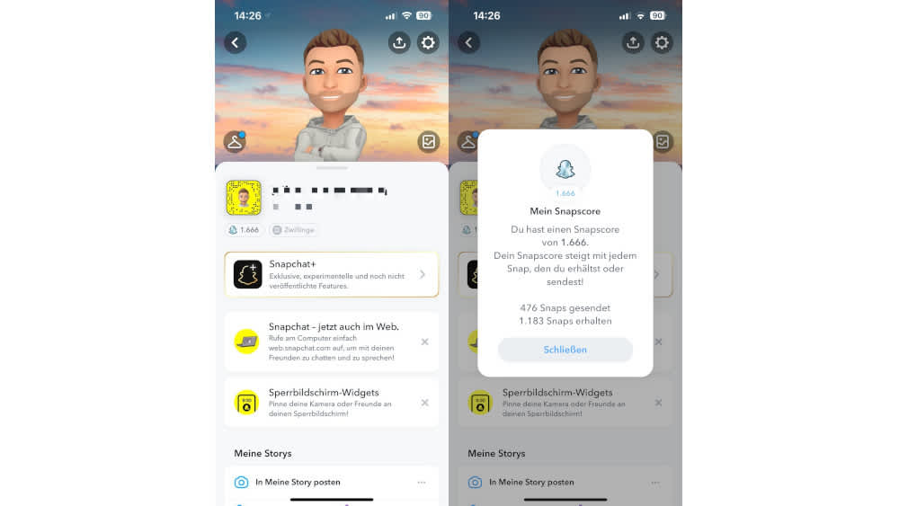 Snapchat-Screenshots zeigen ein Profil mit zugehörigem Snapscore.