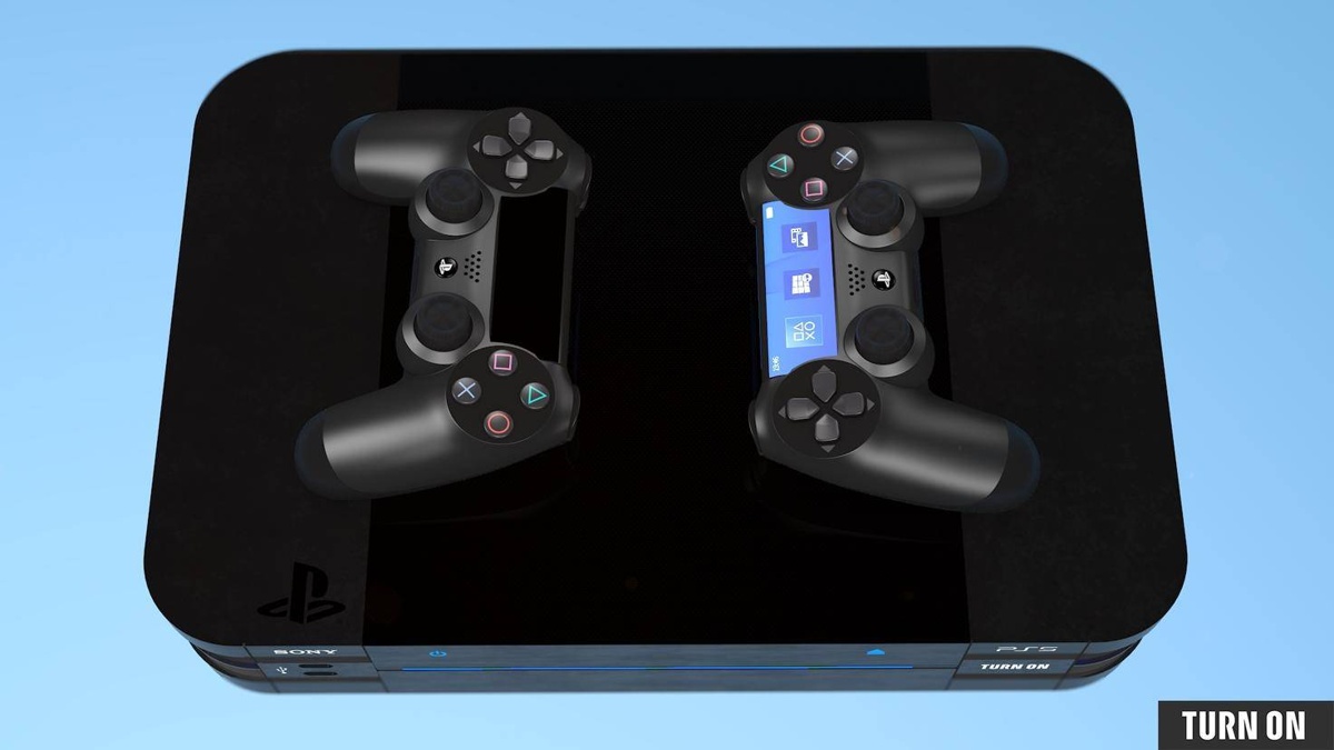 Auf einem schwarzen PS5-System liegen zwei Controller, einer mit blauem Bildschirm, vor einem hellblauen Hintergrund.