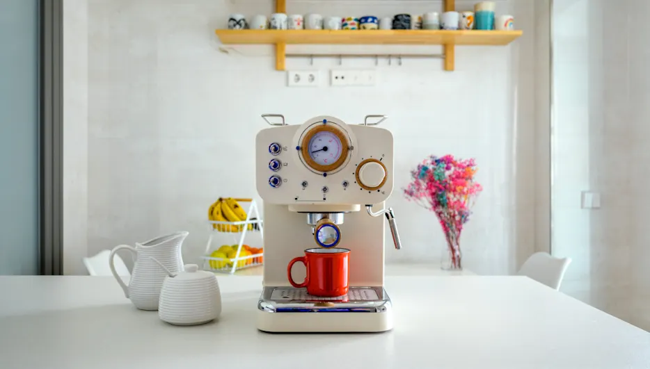 Eine helle Siebträgermaschine auf einem weißen Tisch, auf der Abtropfplatte des Geräts steht eine rote Tasse.