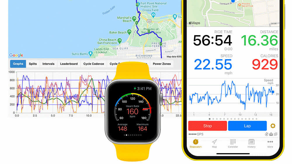 Cyclemeter-App mit gelber Apple Watch und iPhone