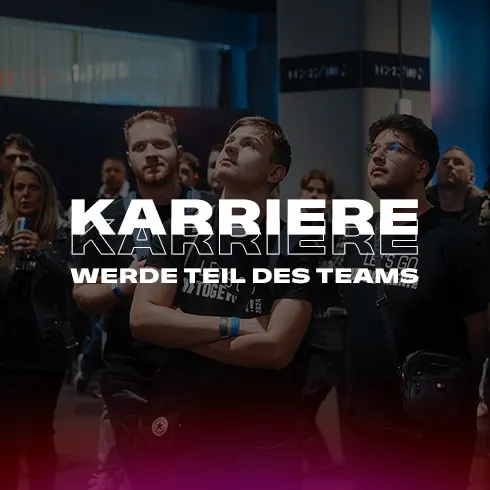 Eine Szene mit Bildschirmen, die Gaming-Inhalte zeigen, mit dem Text "Karriere. Werde Teil des Teams" im Vordergrund.