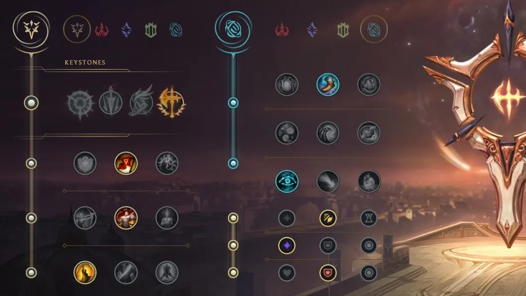 Spiel-Interface mit Symbolen für Schlüsselrune und Pfade auf violettem Grund, rechts ein Schild mit goldenen Akzenten.