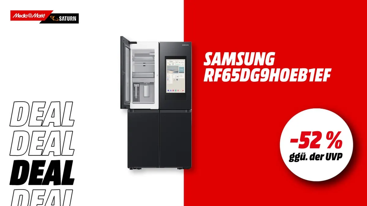 Samsung RF65DG9H0EB1EF Family Hub+ French-Door Kühlschrank in Premium Black Steel, stark reduziert mit -52 % (ggü. der UVP).
