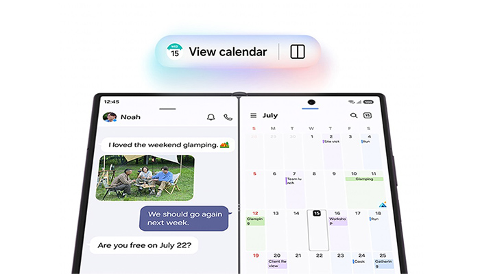Geteilter Smartphone-Bildschirm mit Chatverlauf und Kalenderansicht. Darüber schwebt die Funktion „View calendar“ zur Terminplanung.