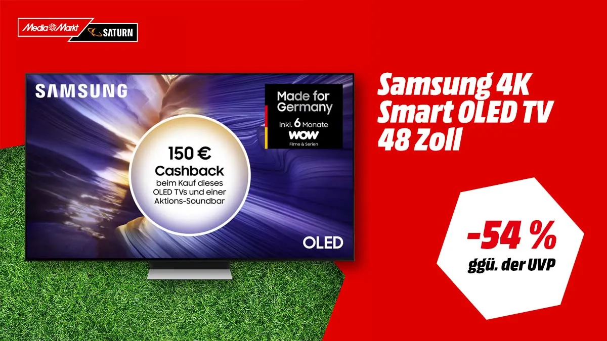 Der Samsung OLED-TV und Hinweis auf 54 Prozent gegenüber der UVP auf rotem Hintergrund.