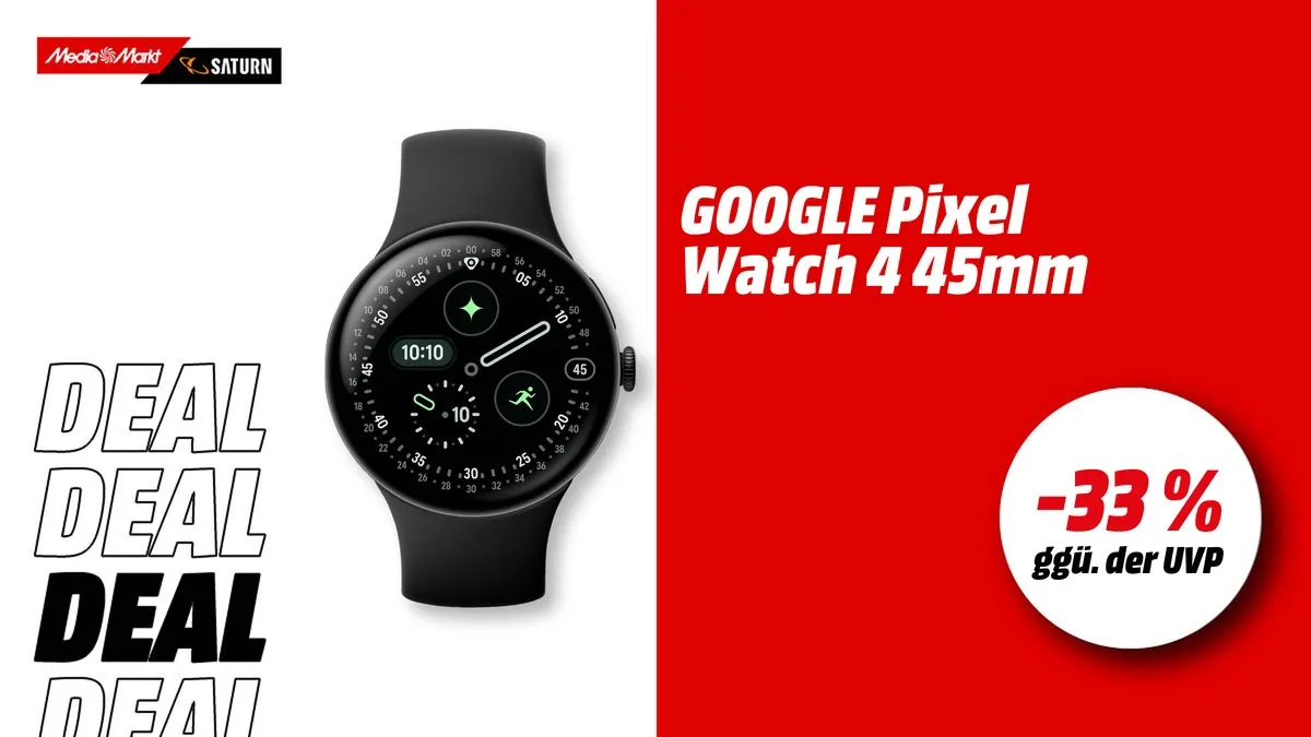 Google Pixel Watch 4 Smartwatch in Obsidian, 45 mm, aktuell mit -33 % (ggü. der UVP) reduziert bei MediaMarkt