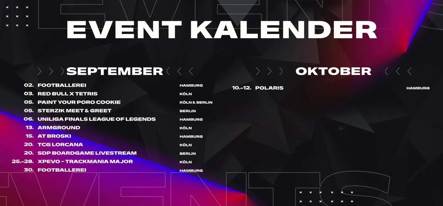 Veranstaltungen im Mai: Community MeetUp Köln, OMEN Launch Event Berlin, DOOM Event Berlin, EINS vs. EWI Köln, Schlüter Zander Live Hamburg.