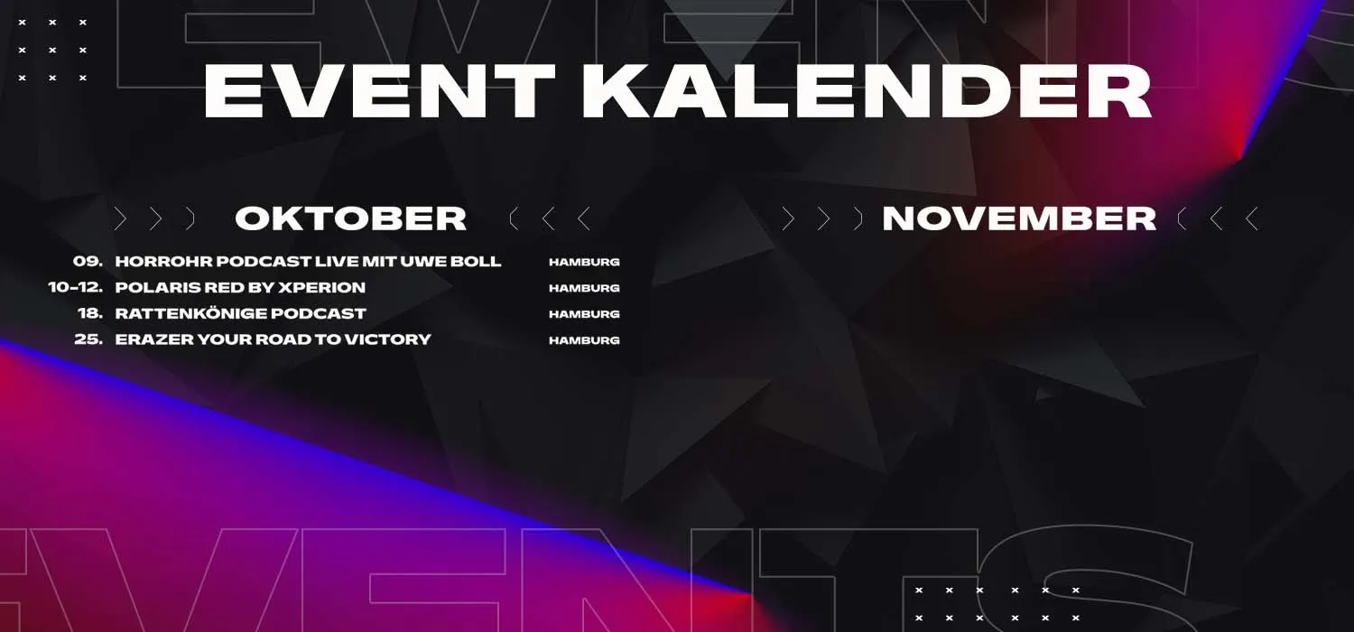 Veranstaltungen im Mai: Community MeetUp Köln, OMEN Launch Event Berlin, DOOM Event Berlin, EINS vs. EWI Köln, Schlüter Zander Live Hamburg.