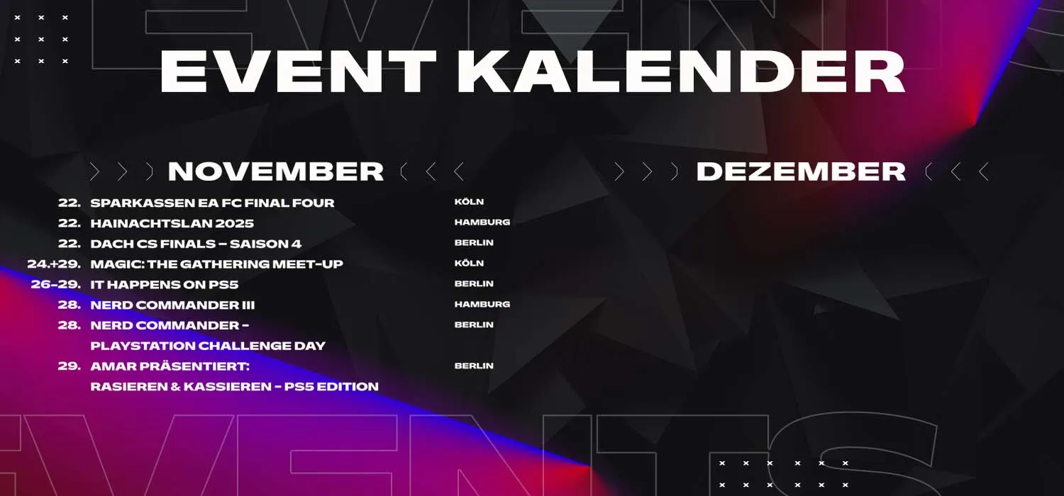 Veranstaltungen im Mai: Community MeetUp Köln, OMEN Launch Event Berlin, DOOM Event Berlin, EINS vs. EWI Köln, Schlüter Zander Live Hamburg.