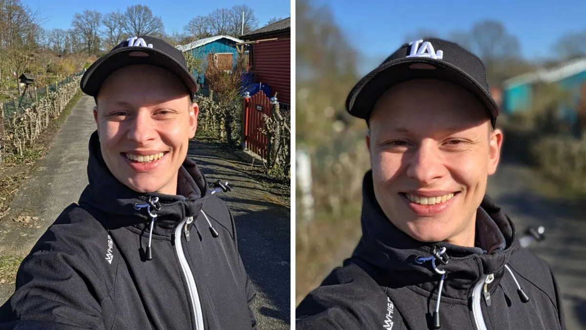 Eine Collage zeigt zwei Selfies von Alex in einer Schrebergartensiedlung. Das zweite Selfie hat einen verschwommenen Hintergrund. Beide Selfies stammen von der Frontkamera des Smartphones Samsung Galaxy S26 Ultra.