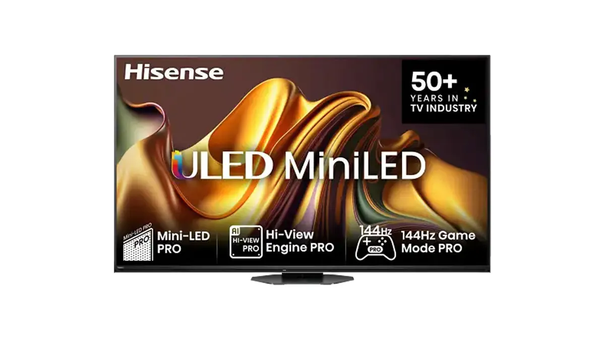 Hisense ULED MiniLED-Fernseher mit goldenem Wellendesign auf dem Bildschirm, Merkmale: Mini-LED PRO, Hi-View Engine PRO, 144Hz Game Mode PRO, über 50 Jahre TV-Erfahrung.