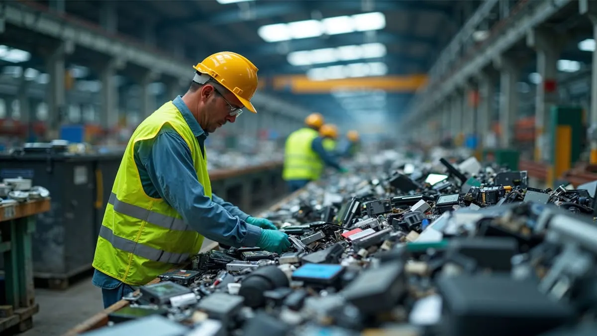 Mann sortiert Elektroschrott in Halle