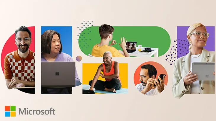 Collage mit sechs Personen, die Laptops, Tablets und Smartphones vor farbigen Hintergründen verwenden; Microsoft-Logo unten links.