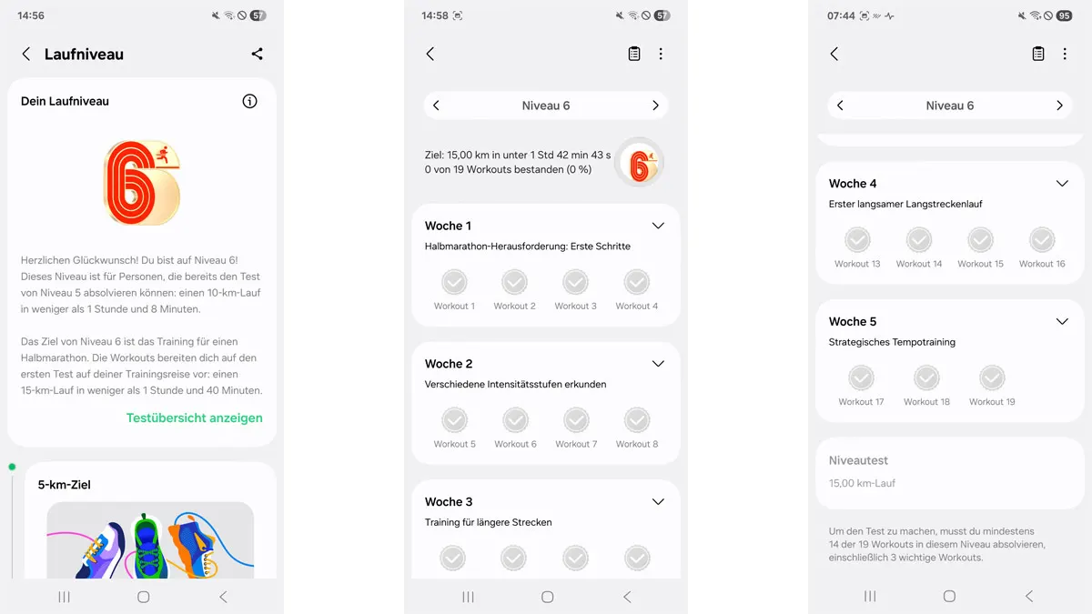Drei Screenshots zeigen das von der Galaxy Watch8 ermittelte Laufniveau und den zugehörigen Trainingsplan.