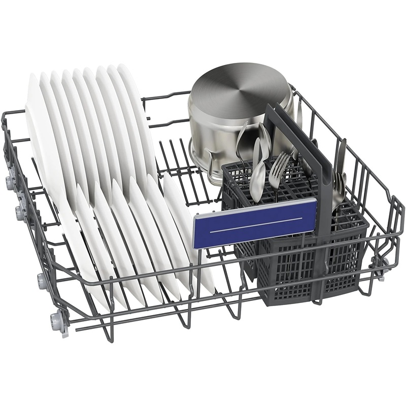 Ein Geschirrkorb des SIEMENS SN63EX04TE iQ300 Geschirrspülers mit flexiblem Besteckkorb und optimaler Raumaufteilung für Teller, Töpfe und Besteck.