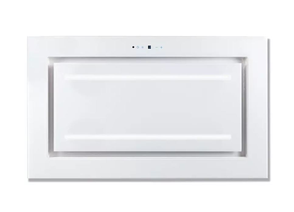 Eine weiße Dunstabzugshaube mit rechteckigem Rahmen und Bedienelementen ist zu sehen.