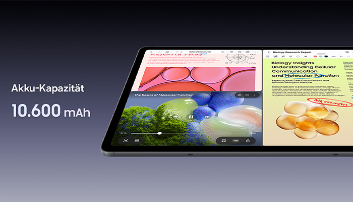 Das Samsung Galaxy Tab S12+ mit geteiltem Bildschirm für Videos, Notizen und Dokumente. Hervorgehoben wird der Akku mit 10.600 mAh.