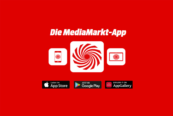 Auf rotem Hintergrund ist das MediaMarkt-Logo auf Smartphone und Tablet zu sehen. 