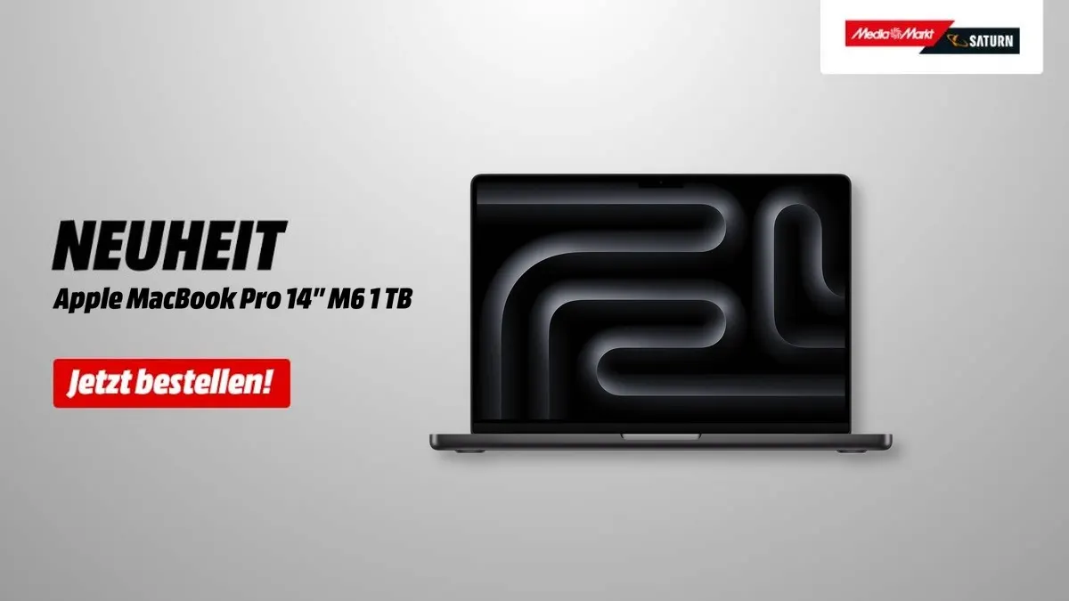 Apple MacBook Pro 14 M6 Chip bei MediaMarkt - 12-Core-CPU, 32 GB RAM und 120-Hz-Display