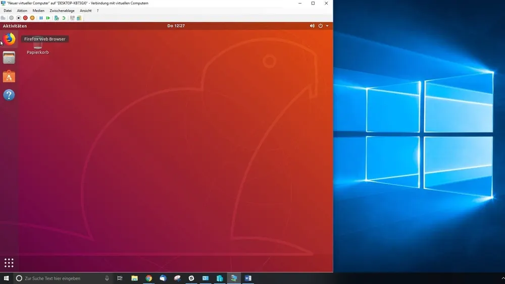 Ein Desktop mit zwei Betriebssystemen: links Ubuntu mit Fuchs-Logo, rechts Windows mit blauem Fenster-Logo.