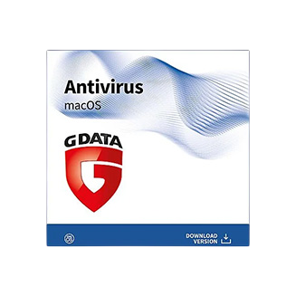 Produktbild von G DATA Antivirus für macOS mit rot‑weißem G‑DATA‑Logo und Hinweis auf die Download‑Version.