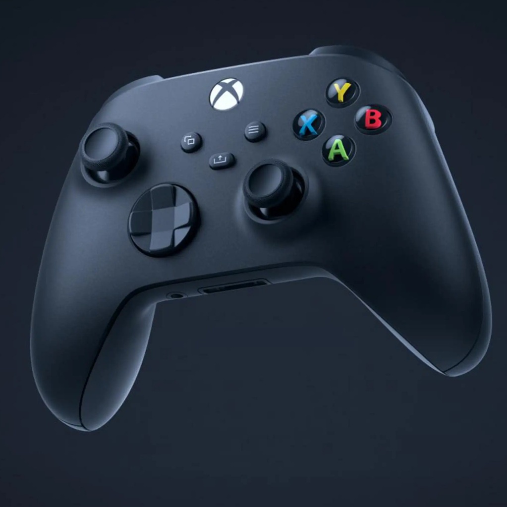 MICROSOFT Xbox Series X 1TB Controller: schwarzer kabelloser Controller mit beleuchtetem Xbox‑Button, zwei Analogsticks, Steuerkreuz und farbigen A/B/X/Y‑Tasten.