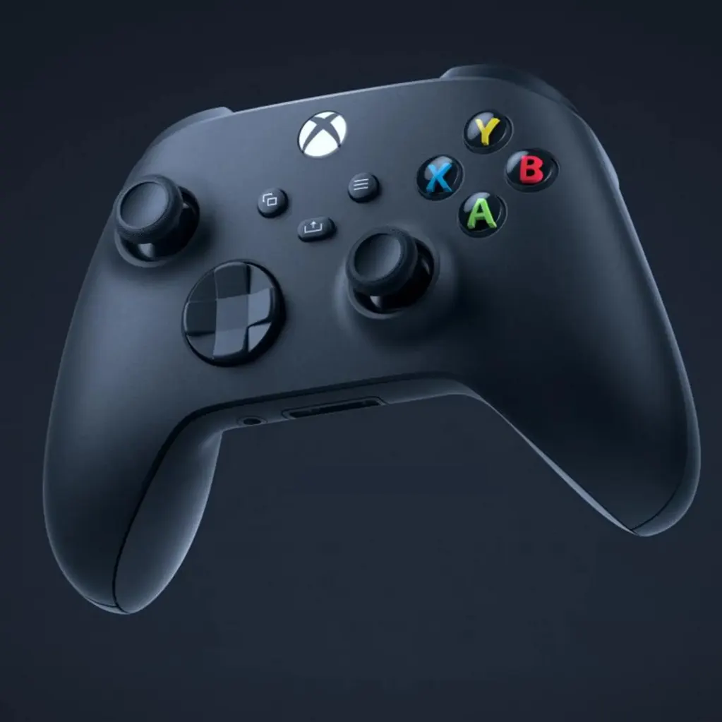 XBOX Series X 1TB MICROSOFT Xbox Series X 1TB Controller: schwarzer kabelloser Controller mit beleuchtetem Xbox‑Button, zwei Analogsticks, Steuerkreuz und farbigen A/B/X/Y‑Tasten.