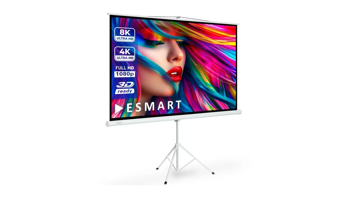Die Esmart Professional Misati Stativleinwand vor einem weißen Hintergrund.