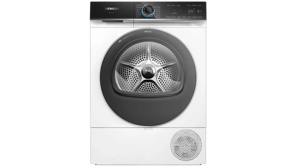 Der Wärmepumpentrockner Siemens WQ46B2C40 steht vor einem weißen Hintergrund.