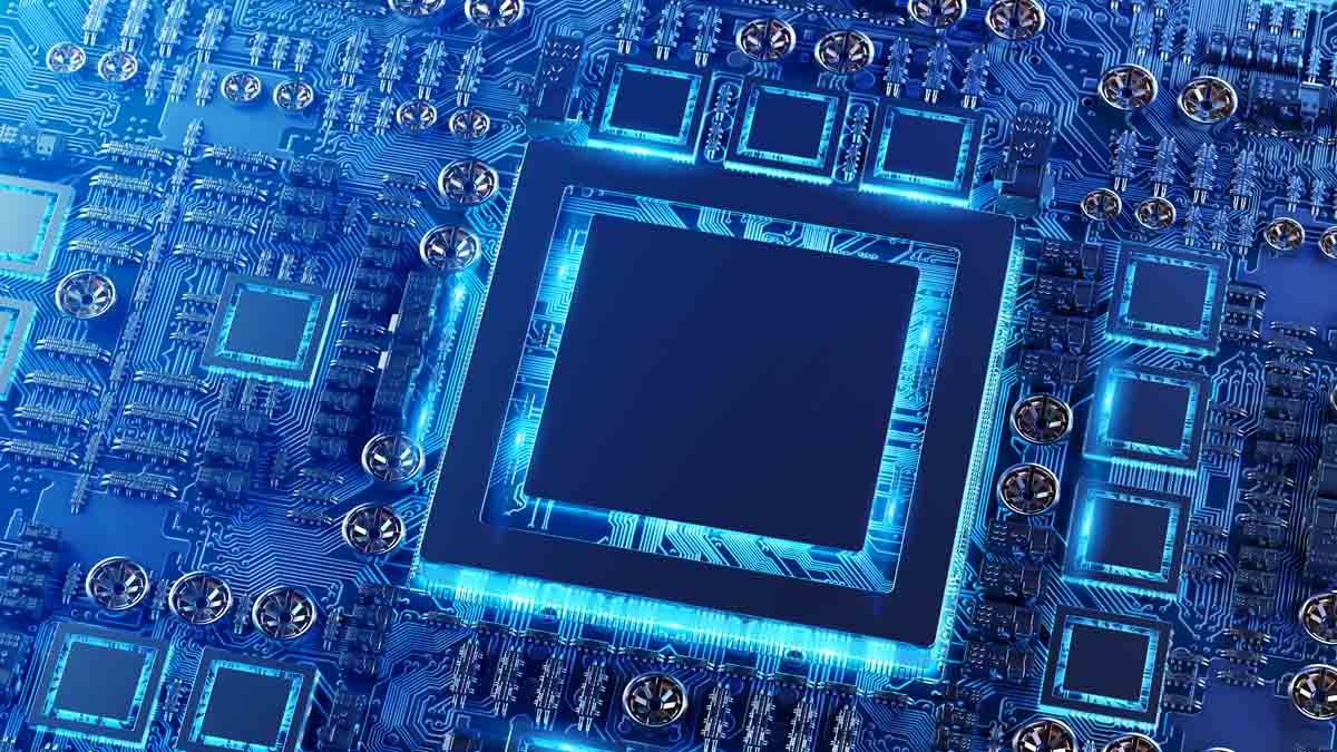 Close-up einer modernen Grafikkarte mit vielen Details in blau.