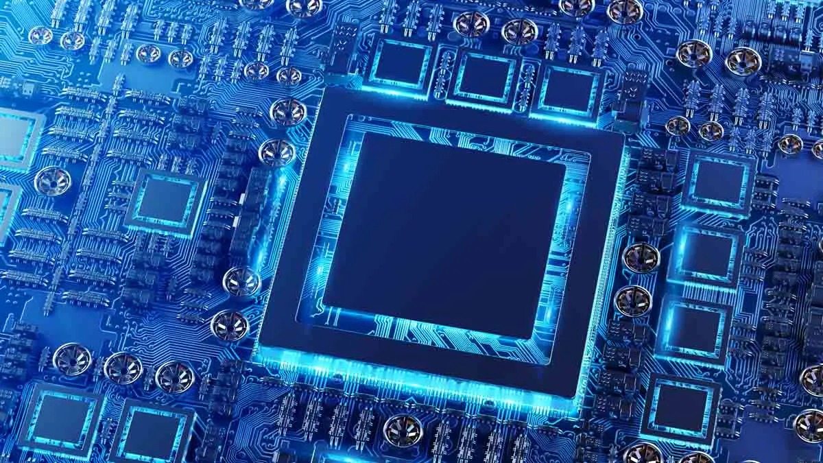 Close-up einer modernen Grafikkarte mit vielen Details in blau.