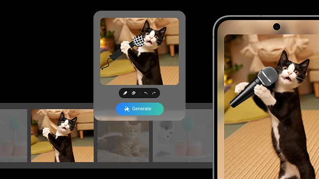 Auf dem Bildschirm eines Geräts wird eine schwarz-weiße Katze gezeigt, die ein Mikrofon hält. Der Hintergrund ist unscharf.