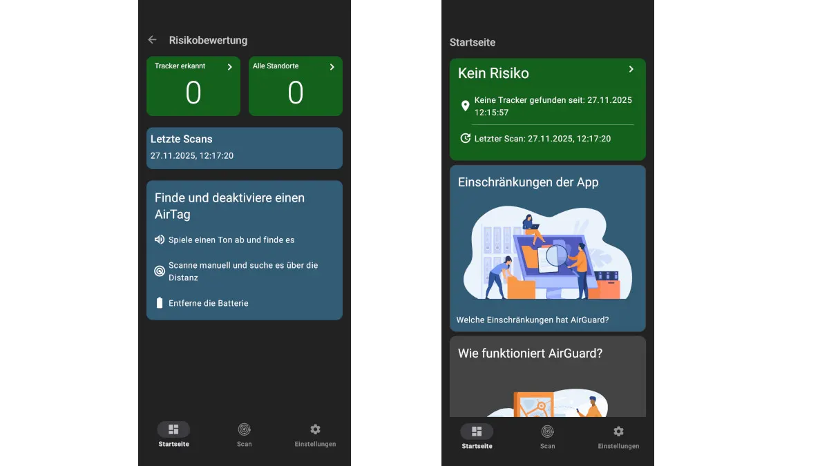 Zwei Screenshots zeigen die AirGuard-App für Android.