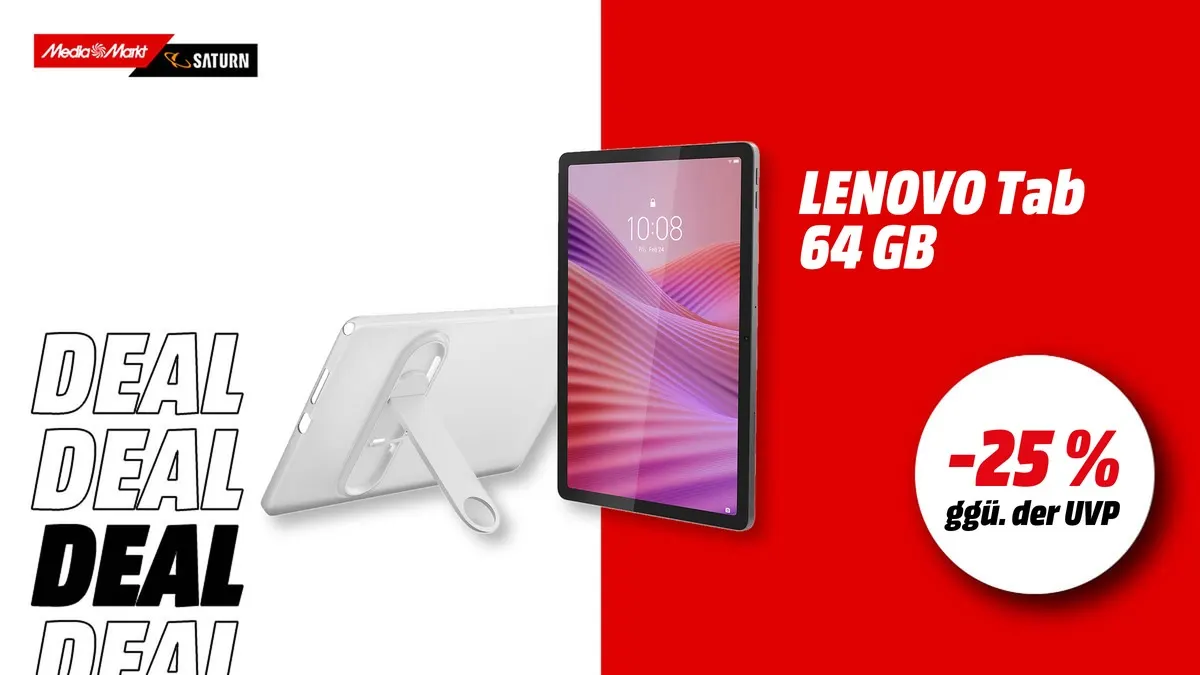 Lenovo Tab Tablet in Luna Grey mit transparenter Schutzhülle und integriertem Standfuß, 10,1 Zoll Display, 64 GB Speicher