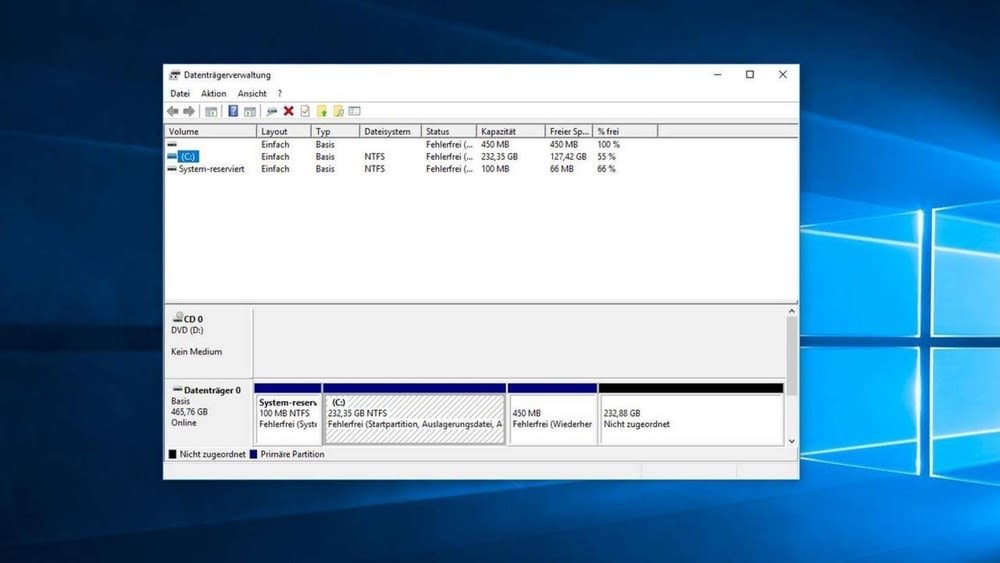 Datenträgerverwaltung ist in Windows geöffnet