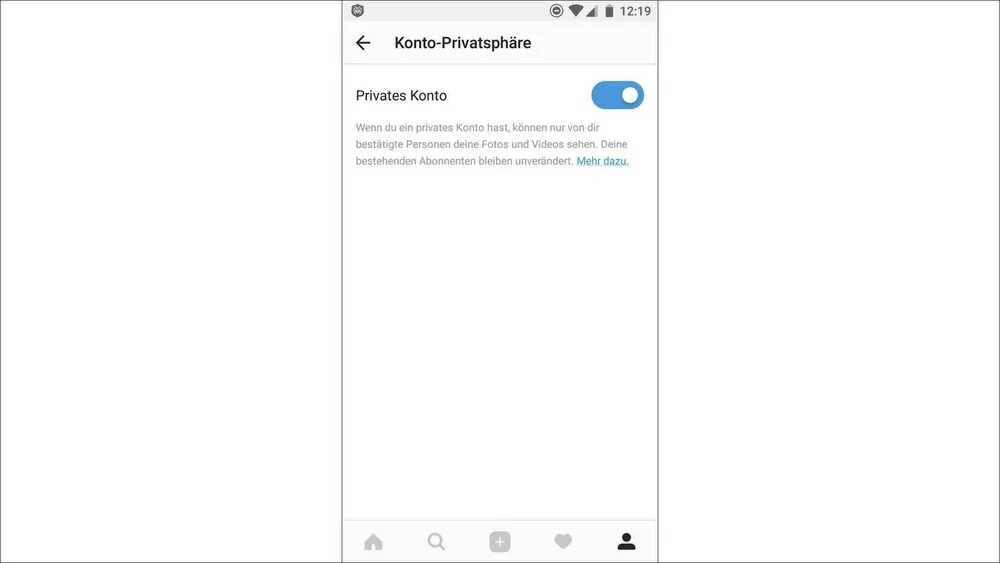 Die Einstellungen für ein privates Konto sind in der Instagram-App geöffnet.