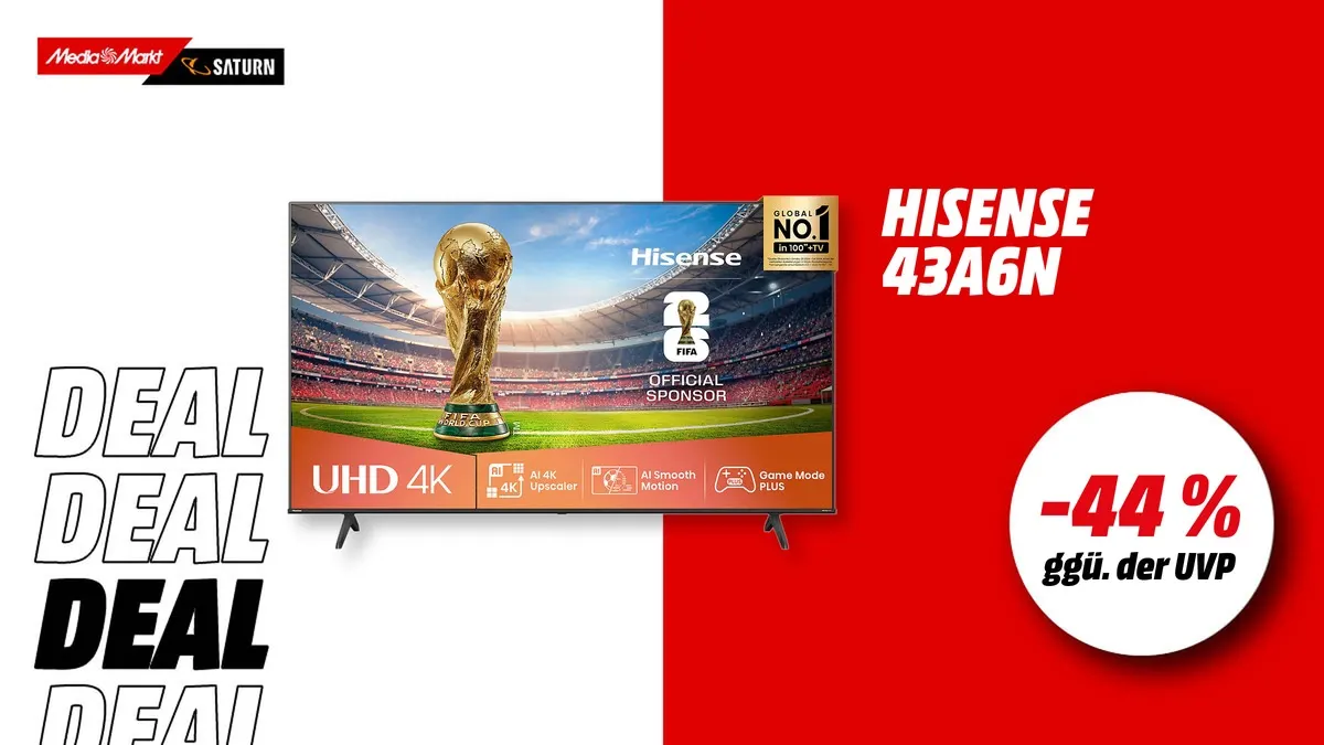 Der Hisense-TV und Hinweis auf 44 Prozent gegenüber der UVP auf weiß-rotem Hintergrund.