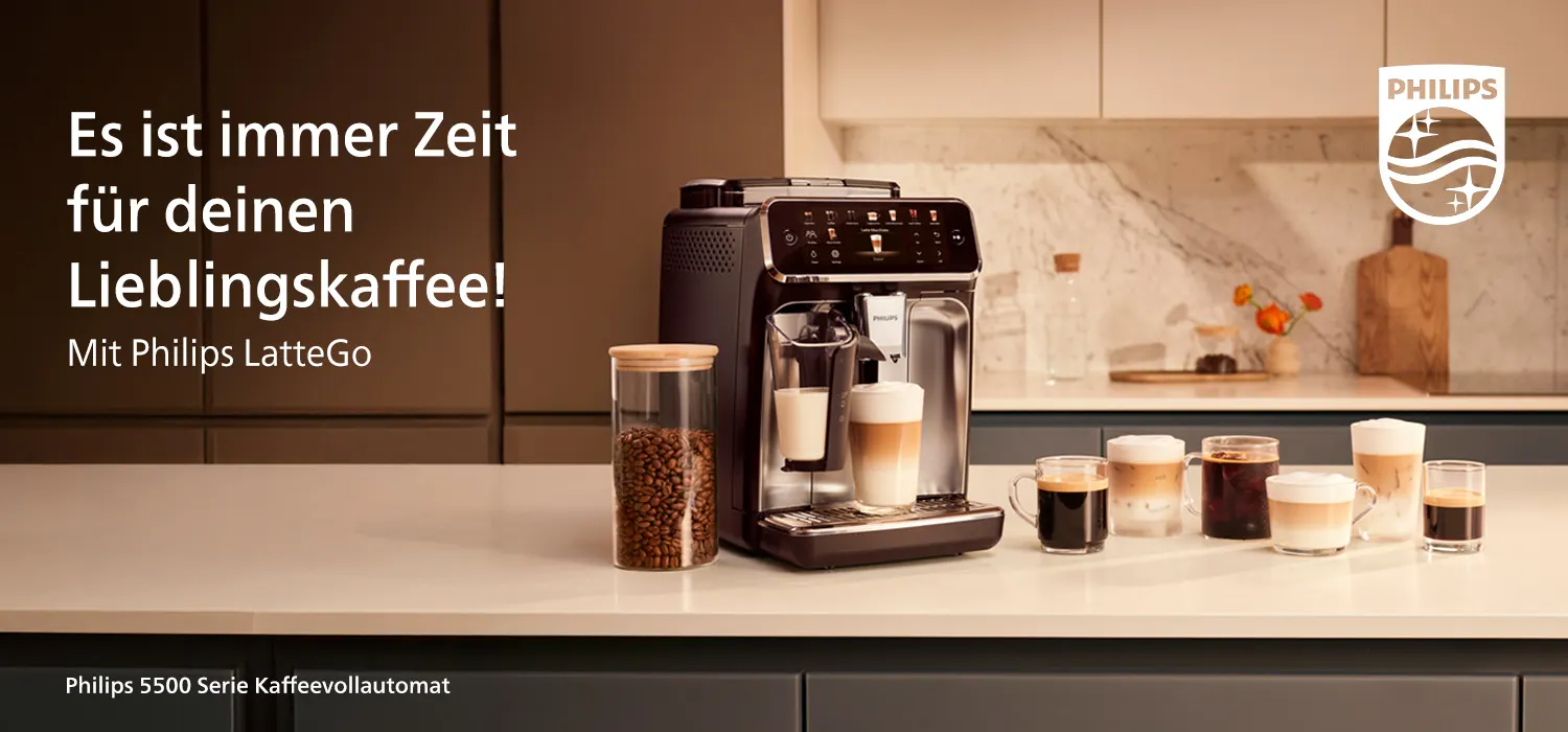 Eine Philips Kaffeemaschine mit verschiedenen Kaffeespezialitäten und Kaffeebohnen in einem Glasbehälter. Der Hintergrund ist blau.