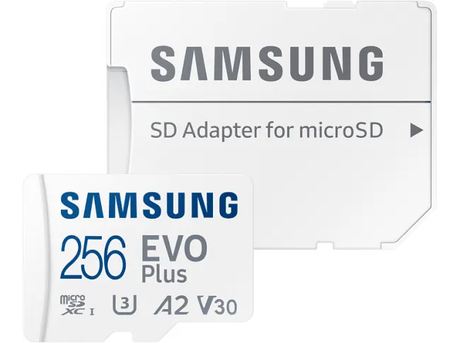 SAMSUNG EVO Plus Micro SDXC Speicherkarte Vorderansicht zusammen mit SD Adapter