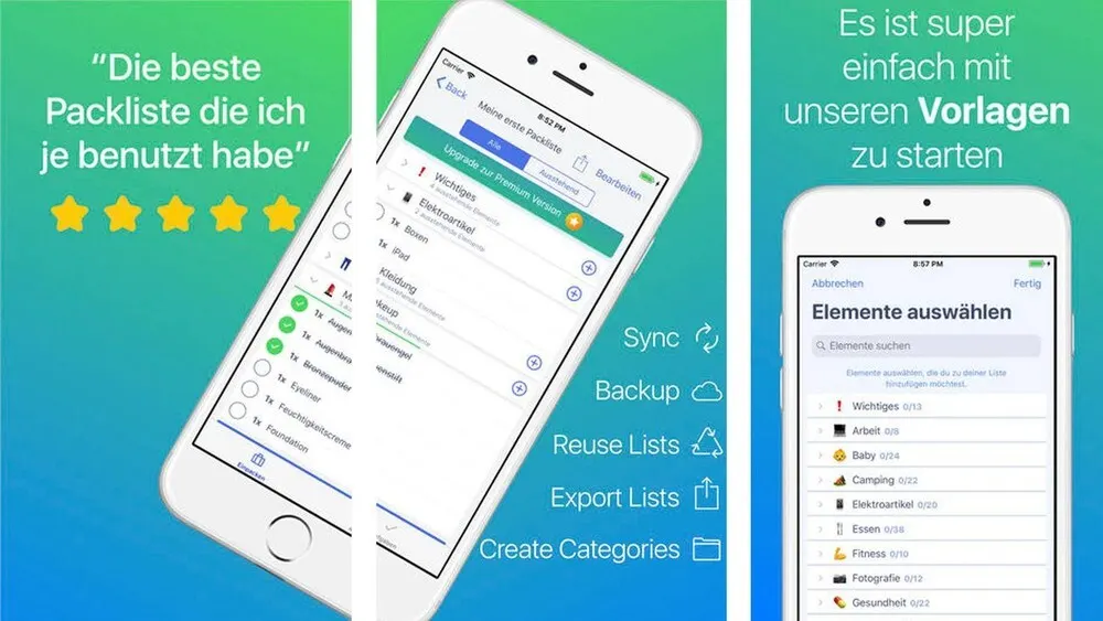 Drei Screenshots einer Packlisten-App auf einem weißen Smartphone vor einem blau-grünen Hintergrund. Die App bietet Funktionen wie Sync, Backup und Exportlisten.