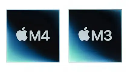 Zwei Quadrate mit Farbverlauf; links "M4" und Apple-Logo, rechts "M3" und Apple-Logo in Weiß.