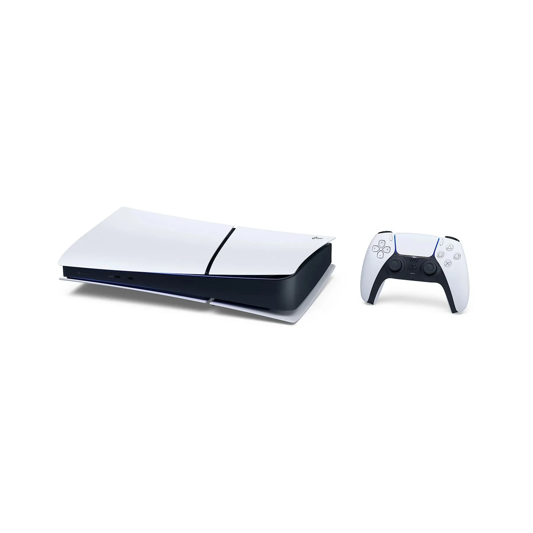 Flach liegende SONY PlayStation®5 Digital Edition (Slim) 825 GB in Weiß mit schwarzem Mittelteil, daneben ein weißer DualSense Wireless‑Controller.