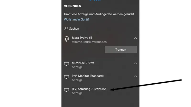 Dunkelgraues Menü zeigt verbundene Geräte: Jabra Headset, Monitore und Samsung TV. Option zum Suchen neuer Geräte ist vorhanden.