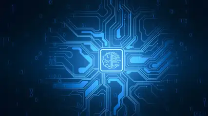 Blauer Hintergrund mit Schaltkreisen und einer Gehirn-Ikone im Zentrum. Binärcodeelemente sind subtil dargestellt.