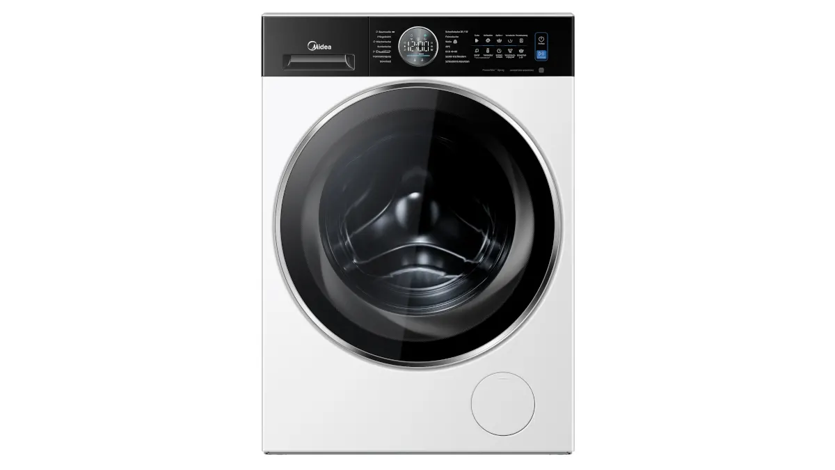 Die Waschmaschine Midea MF210W80WB-14A20 vor weißem Hintergrund.